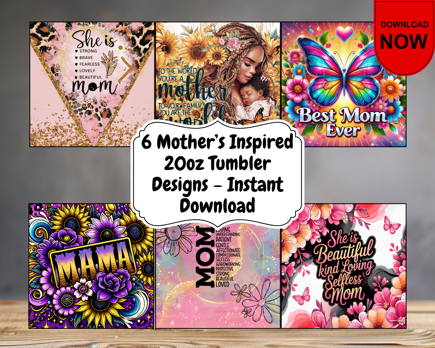 6 Sublimation PNGs for 20oz Skinny Mom Tumblers Designs – Vibrant Floral, Afro Mom, Butterfly & More – Instant Digital Download