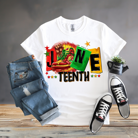 Juneteenth Power Fist & Sneakers T-Shirt – Bold Urban Freedom Tee – 100% Cotton Gildan Shirt