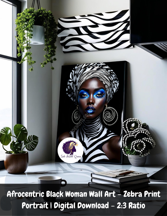 Afrocentric Black Woman Wall Art – 2:3 Ratio -Printable Portrait with PLR Rights | Zebra Print Download