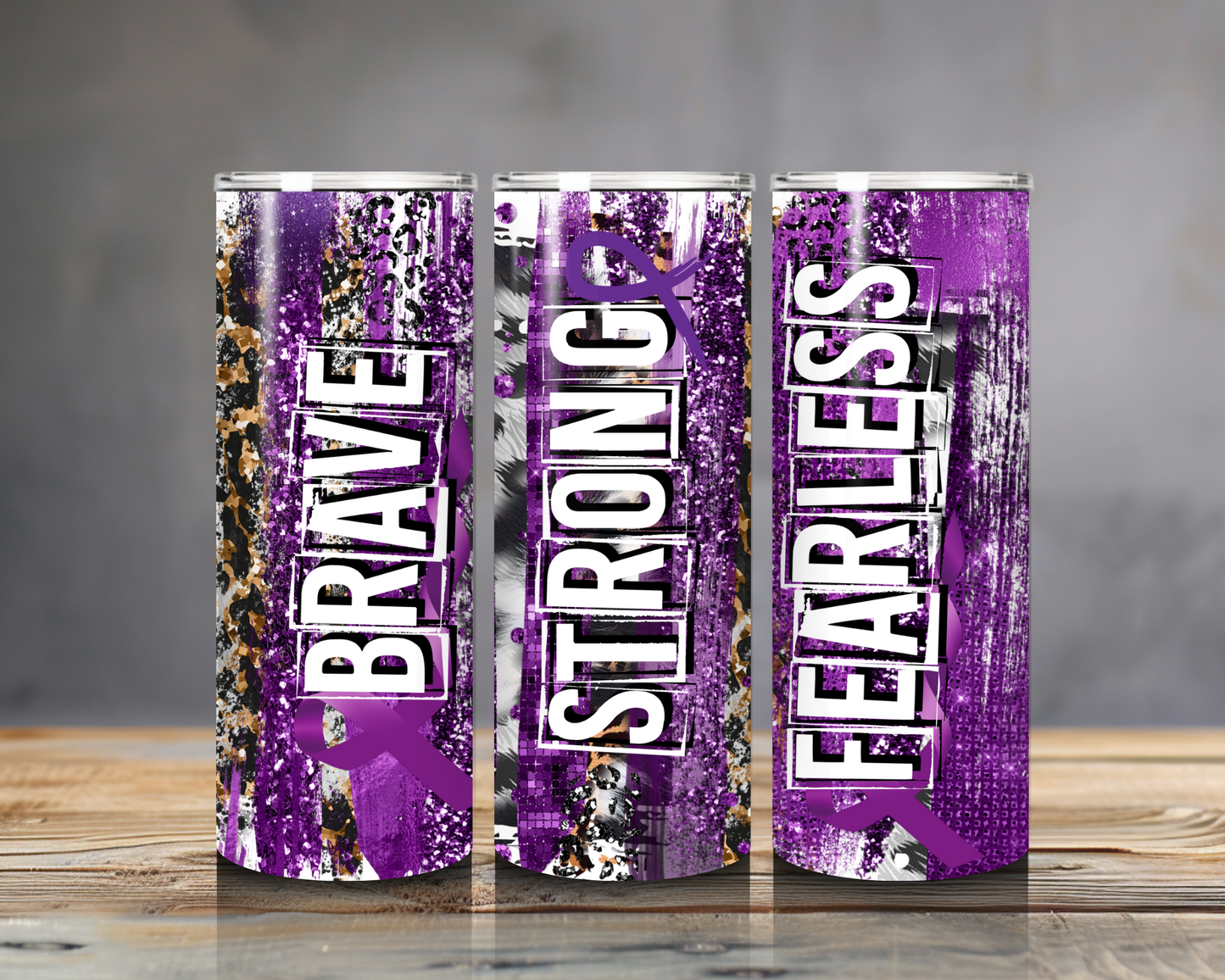 Brave Strong Fearless Tumbler - 20oz Double-Wall Stainless Steel, Purple Ribbon Awareness Gift, Survivor Support Mug